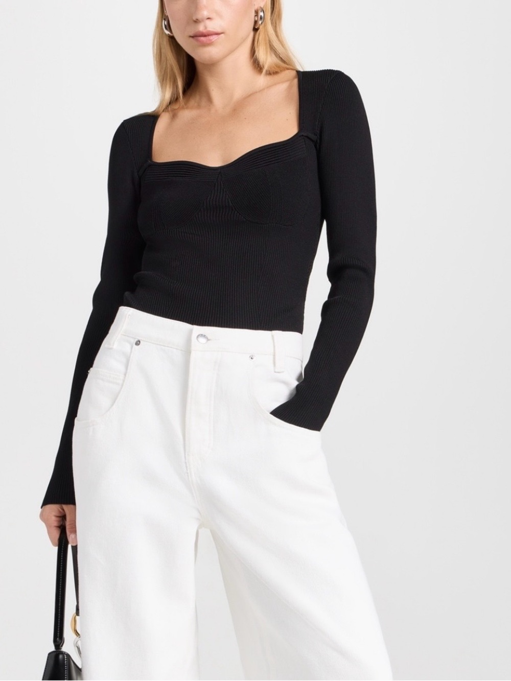 Staud Silhouette Top in Sweet Heart Square-Neck Ribbed Long-Sleeve Top Sz M